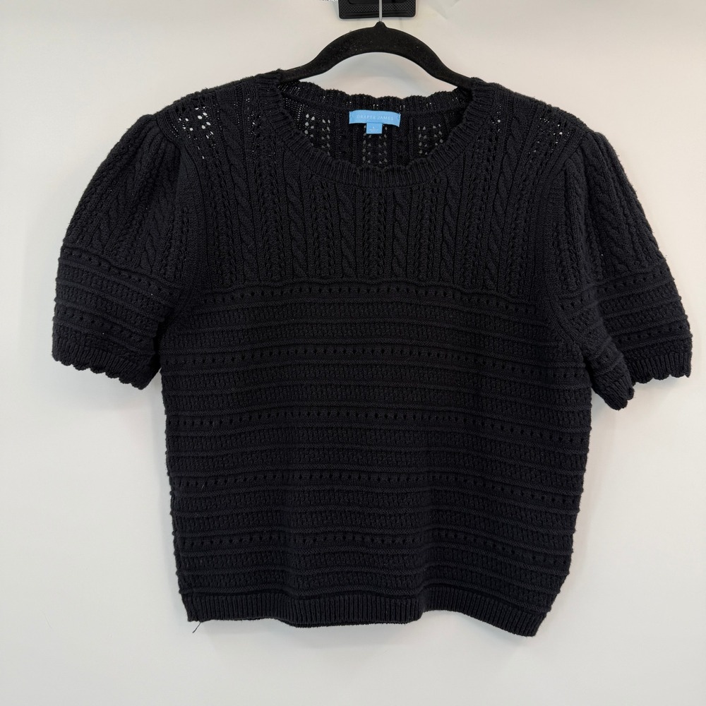 Draper James Black Cable Knit Pointelle Short Sleeve Puff Crop Sweater Top Large